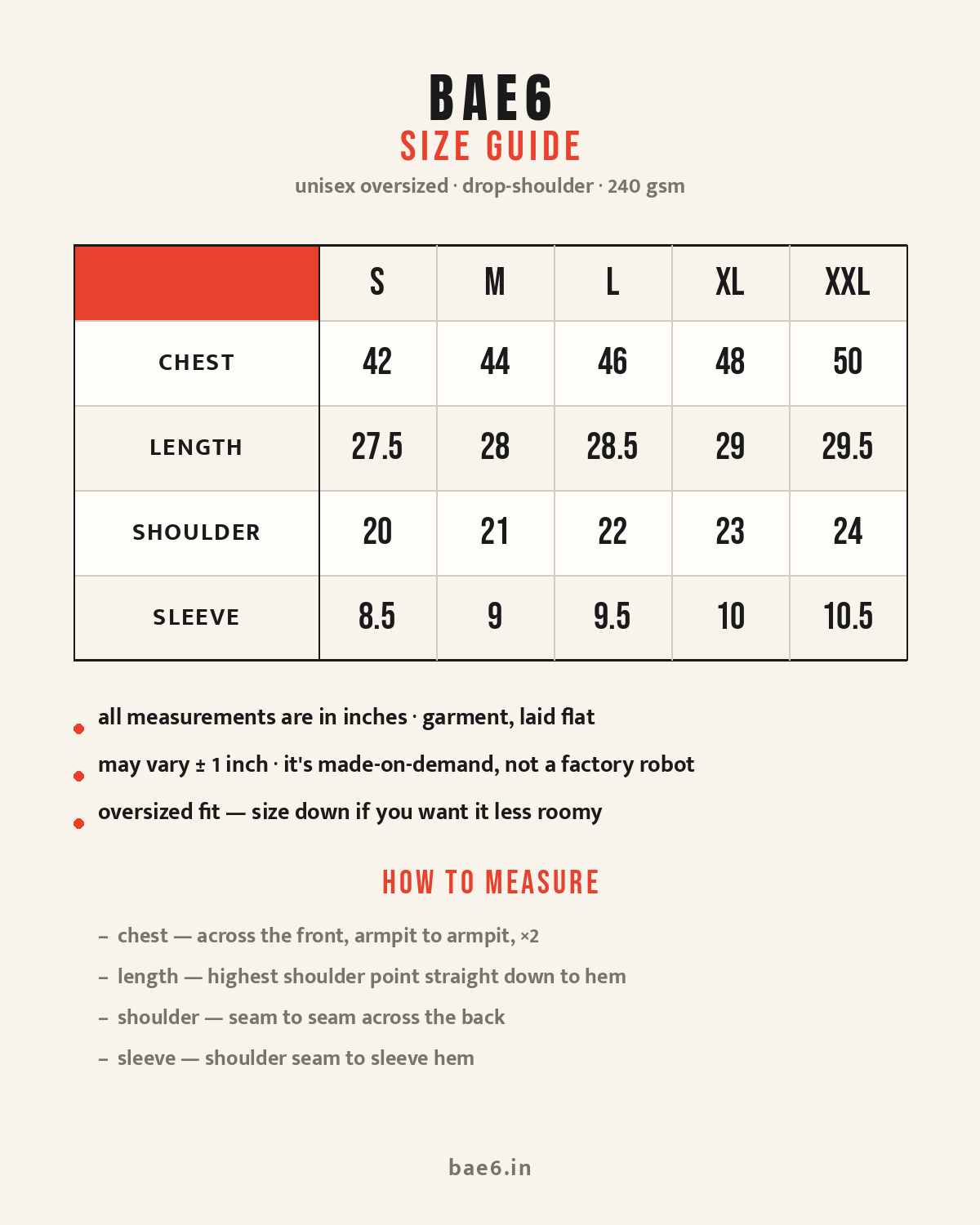 bae6 oversized t-shirt size chart in inches